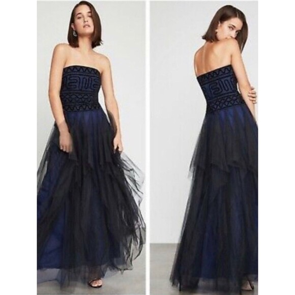 BCBGMAXAZRIA Dresses & Skirts - BCBGMAXAZRIA Velvet Embroidered Tulle Midi Dress Strapless Navy Black Women’s 4
